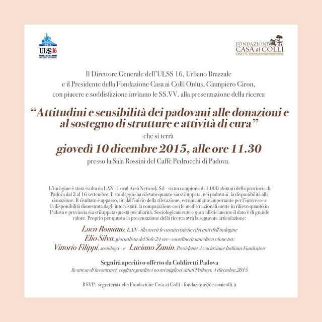 10 dicembre presentazione ricerca sui comportamenti di donazione a Padova
